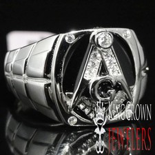 .925 Sterling Silver Men's Black Onyx MASONIC Ring w/ CZ Stones Screw Accents