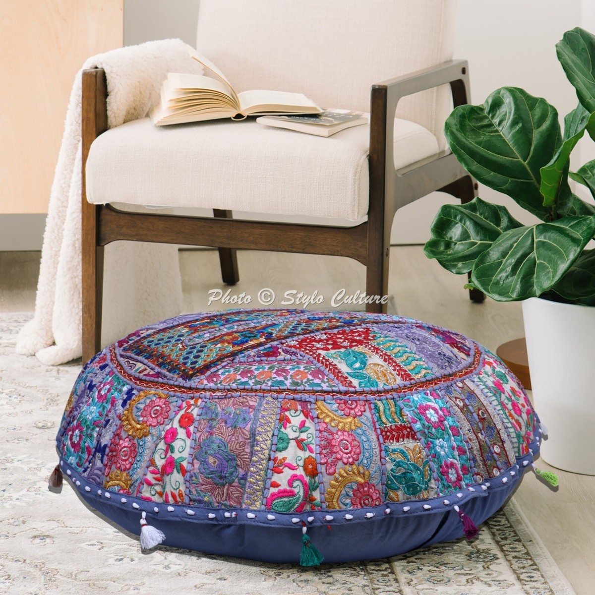 Pouf Ottoman Vintage 55cm - Housse Coton Brodé Patchwork Noir Ethnique - 22x22x13 Pouces