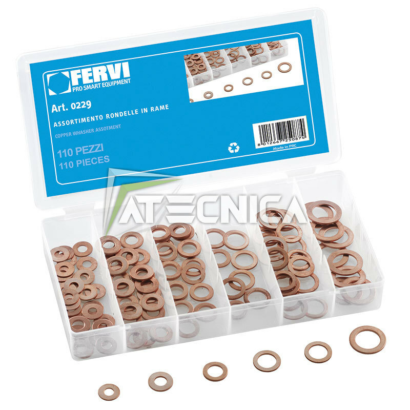Kit di assortimento rondelle in rame 110pz FERVI 0229 in oraganizer di plastica