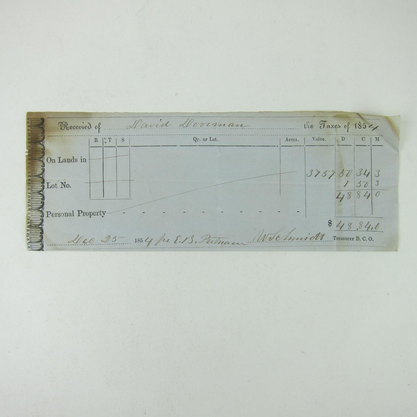 Darke County Ohio Property Tax Bill David Dorman Antique 1854 RARE eBay