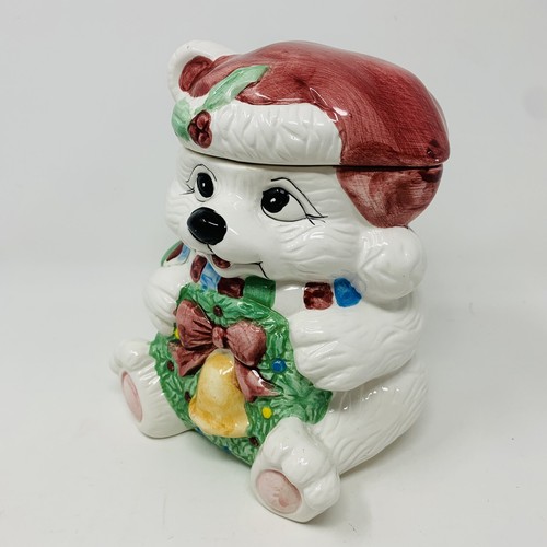 Christmas Bear Cookie JAR Ceramic w Santa Hat Holiday Collection Polar Wreath 7" - Picture 4 of 16