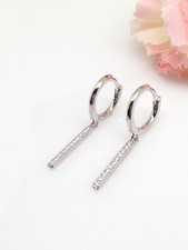 925 Sterling Silver CZ Bar Dangling Huggie Hoop Earrings Women 28mm 1.1" TINY