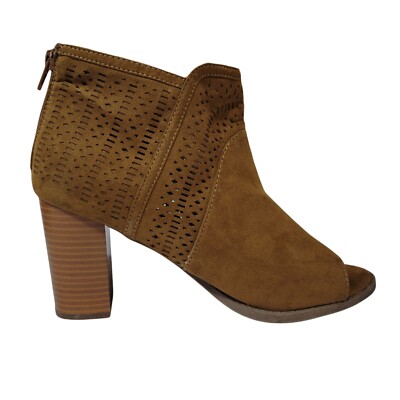 REPORT Serena 8.5 Open Toe Booties Ankle Chunky Block Heels Brown Tan Suede S3