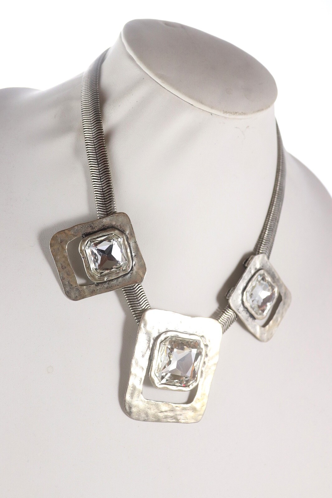 Large Square Hammered Silver Tone Statement Neckl… - image 4