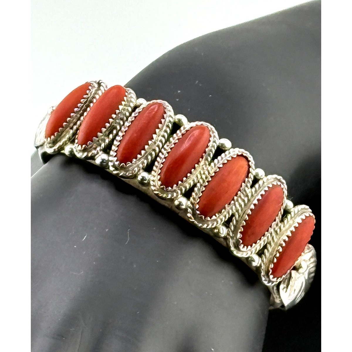 A+ Long Coral Vintage Native American Navajo Sterling Silver Bracelet A+ Long Coral Vintage Native American Navajo Sterling Silver Bracelet