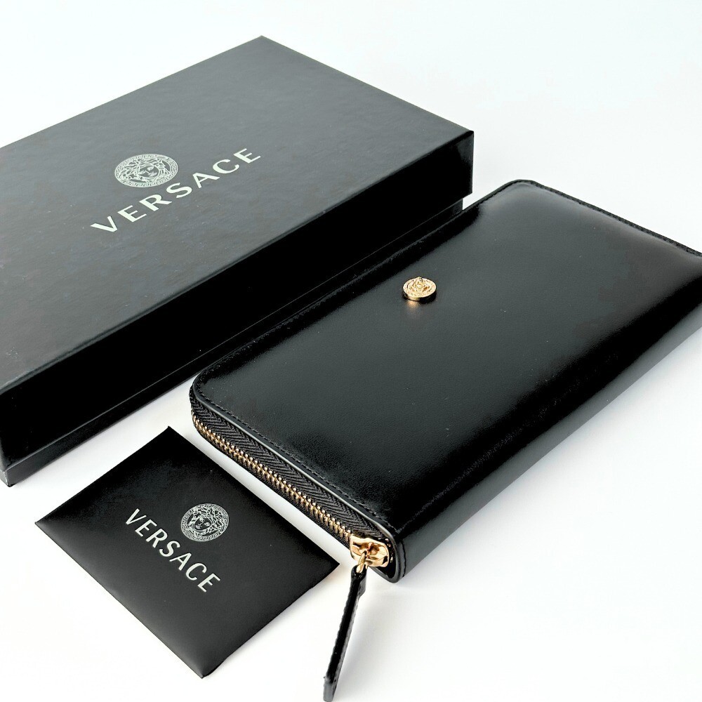 長財布 Versace Long Wallet With Logo VERSACE Round Zip Long Wallet 100% Leather Logo Box Included