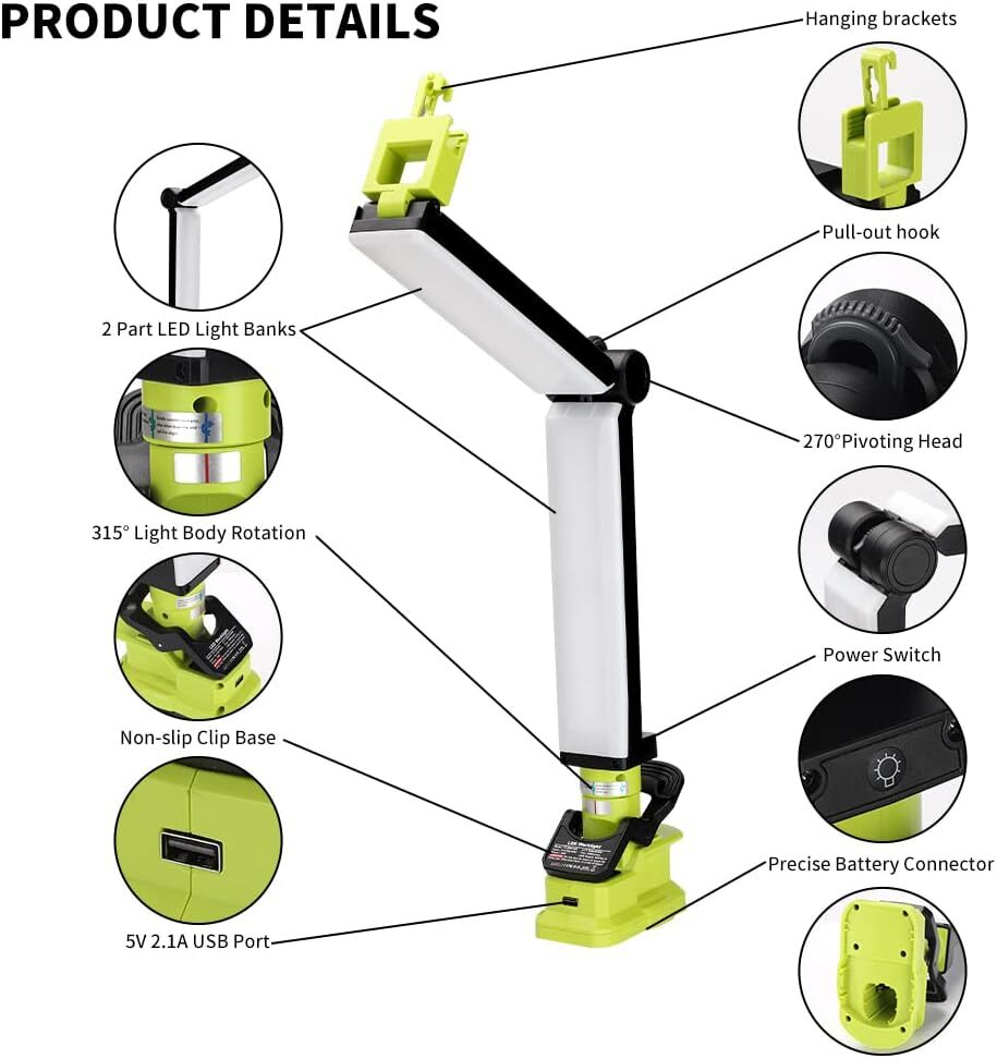 Cordless LED Work Light for Ryobi 18V Battery 30W 2400LM LED Camping Floodlight