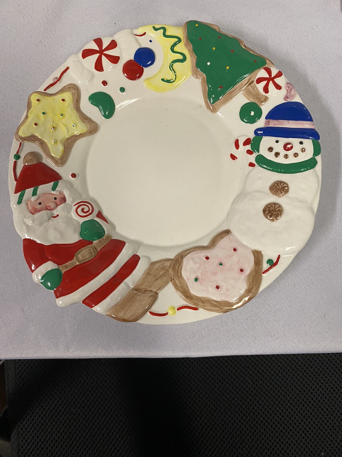 7 “ Glass Christmas Plate Decorated With Raised Snowman, Santa, Cookie Plate