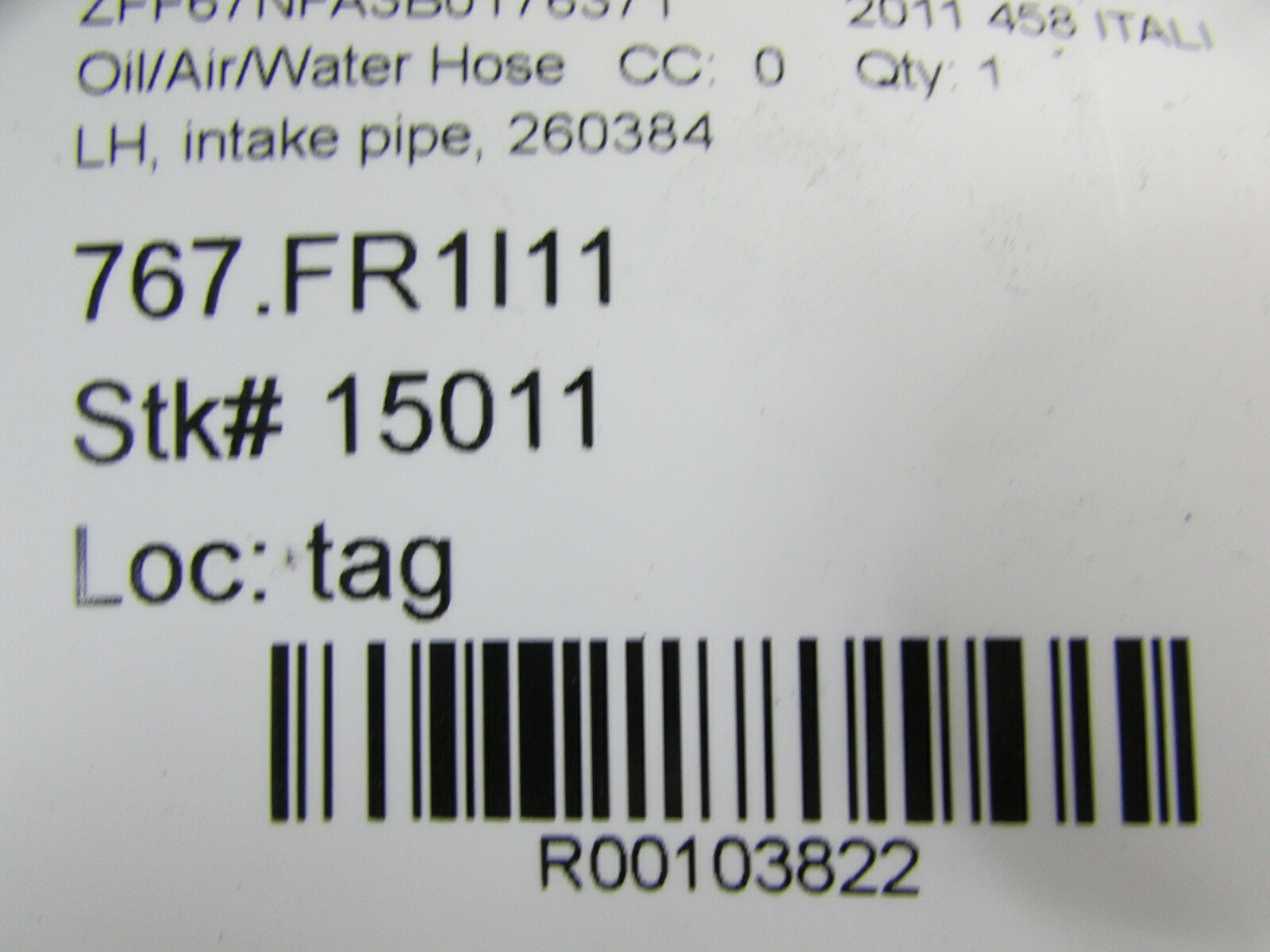 Ferrari 458 Italia, LH, Left, Intake Pipe, Used, P/N 260384