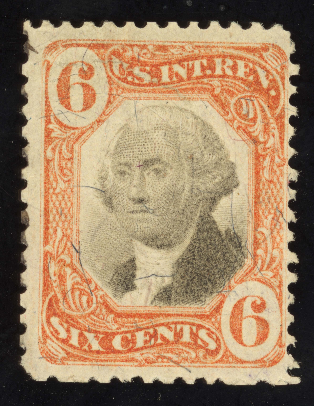 US Scott R138 Cut Cancel 6c naranja, negro Int. Rev - Lavado.. Lote sellos GOR554 bhmstamps