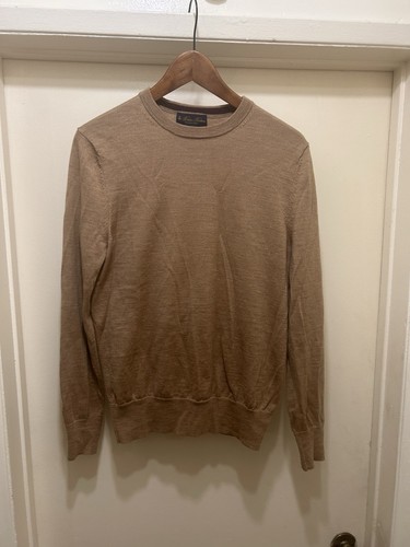 Brooks Brothers Sweater Mens Tan Camel Small Crewneck Merino Wool Italian Yarn