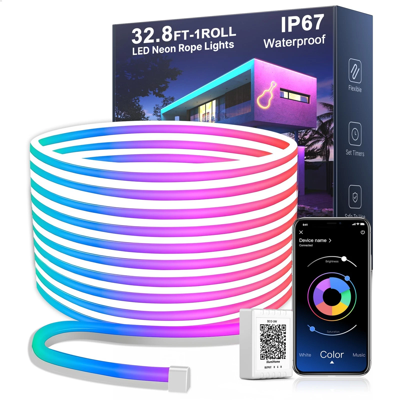 32.8FT Waterproof Neon LED Rope Lights for Bedroom Decor and Outdoor Use