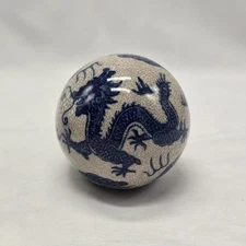 Vtg Blue & White Chinese Dragon & Clouds Crazed Ceramic Carpet Ball 3.25" Orb..