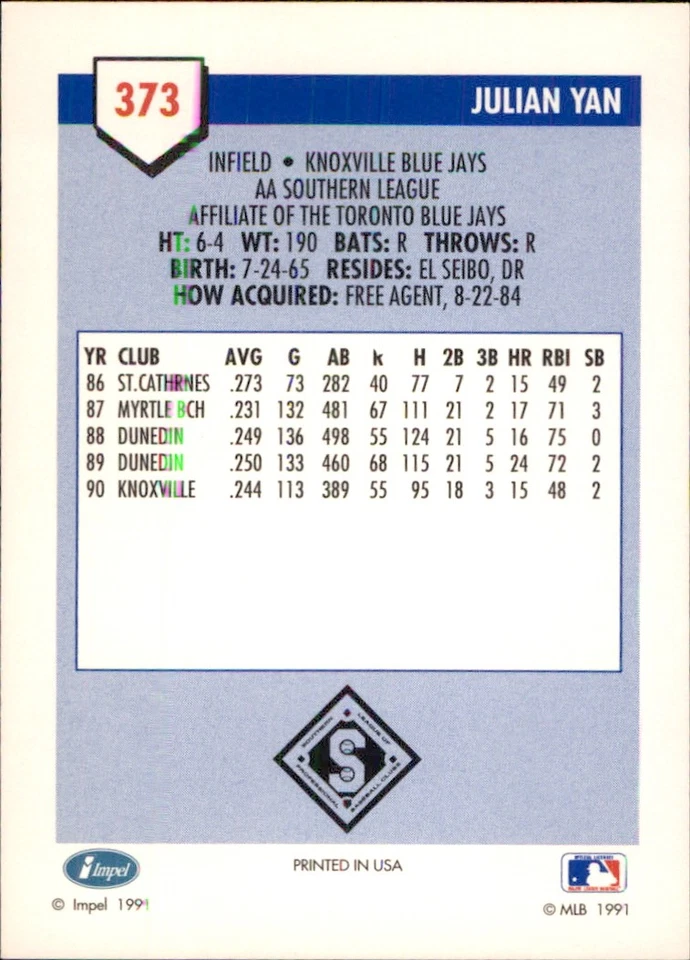 Julian Yan 1991 Line Drive AA #373 RC Knoxville Blue Jays AutographDen - Image 2 of 2