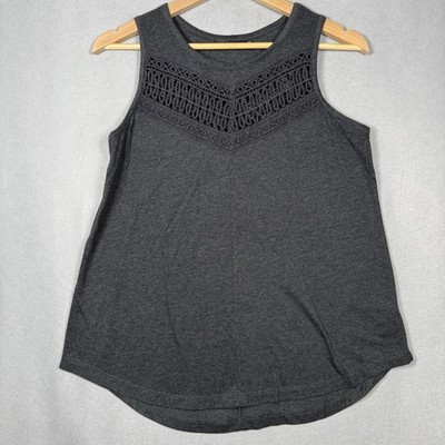 prAna Women's Petra Swing Tank Top Boho Crochet Charcoal Cotton Blend Sz M