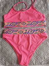 Pink Bikini Set, Multi Coloured At Bottom, Shein, Non Padded And High Wasted