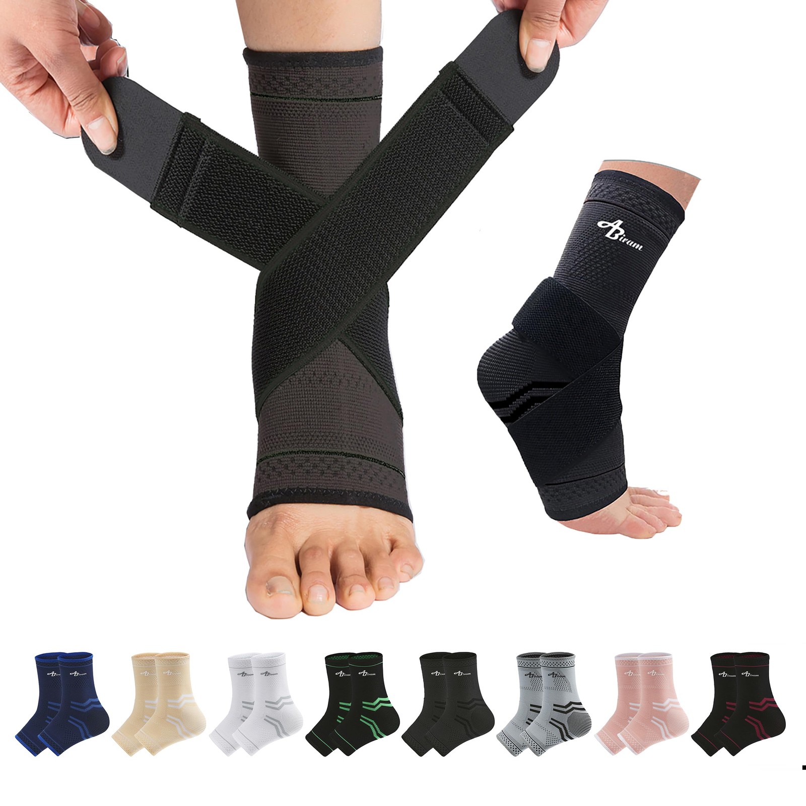 ABIRAM Foot Sleeve (Pair) with Compression Wrap, Ankle Brace For Large, Black