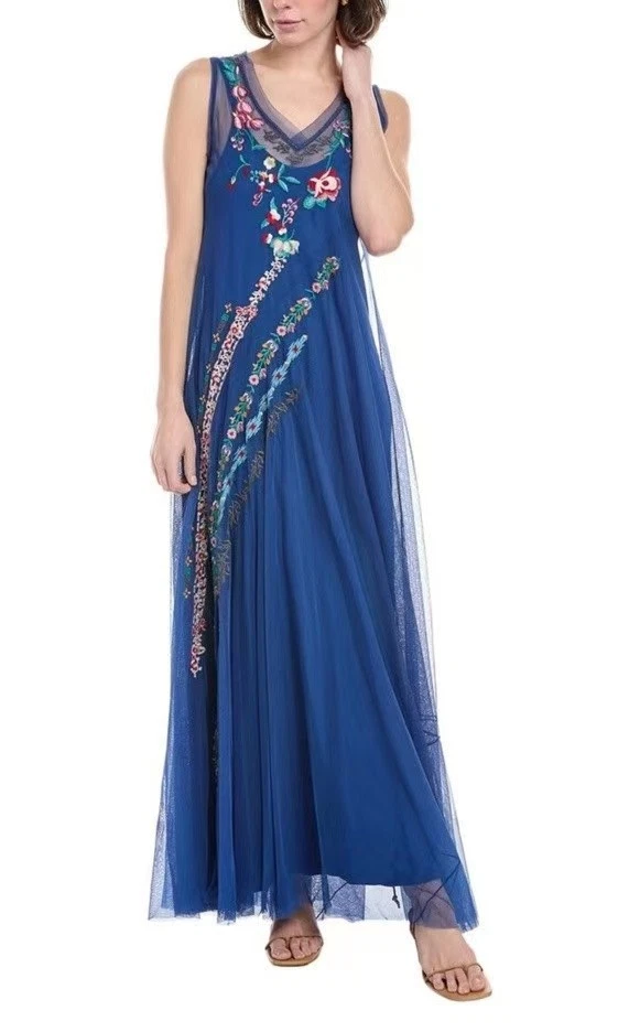 Nuevo sin etiquetas Maxi Vestido Johnny Was Biya Mazzy Sesgado Bordado Floral Azul Malla Talla S Foto 2 de 4