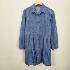 Mini Denim Tiered Shirt Dress S Long Sleeve Roll Tab Country Cottage Boho Summer