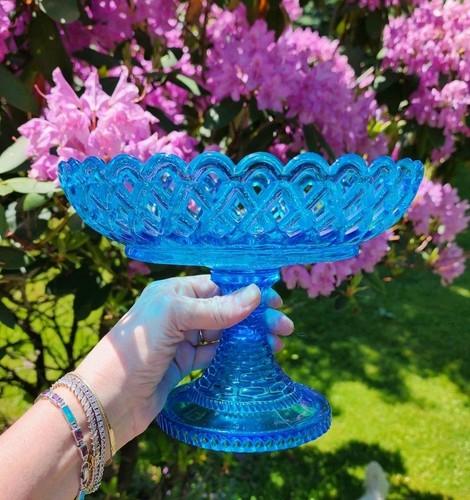 Challinor & Taylor Antique Vintage Blue Glass Reticulated Compote Pedestal Bowl