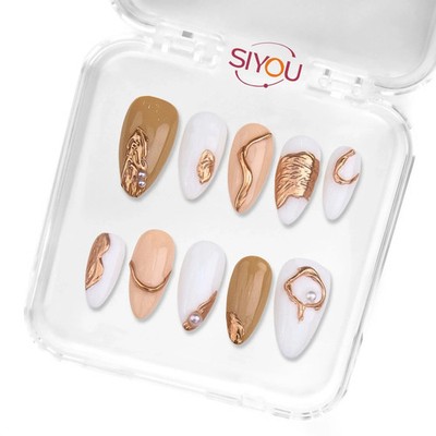 SIYOU Shimmering Mermaid Light Brown & White Medium Almond Press-On Nails 10pc