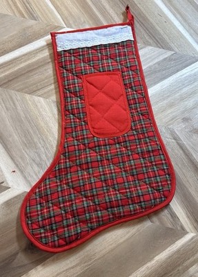Vintage Quilted Stocking Plaid Lacey Cuff Pocket Grandma Cottage Core Scandi 14 