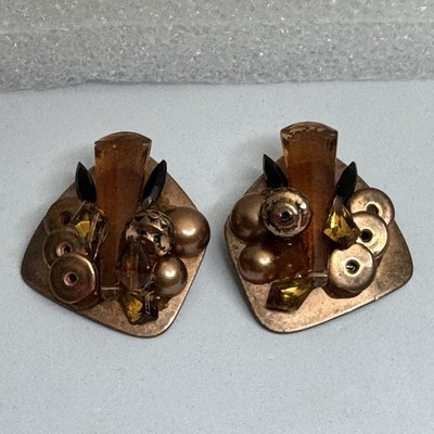 Vintage Amber Toned Resin Cluster Clip On  Earrings Statement Jewelry