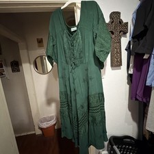 Holy Clothing Green Embroidered Maxi Dress 2X Corset Lace Up Renaissance Boho