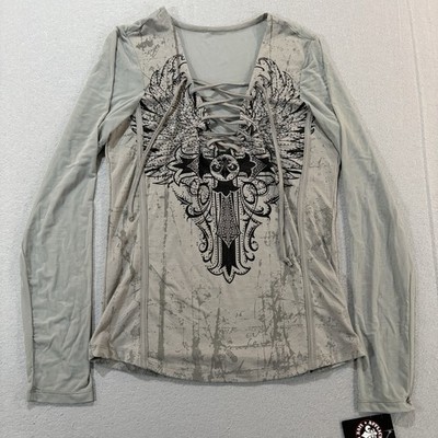 NWT Affliction Women s Long Sleeve Shirt Sz L Lace Up Bedazzled Cross Grunge
