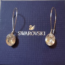 Silver Tone Hook Dangle Earrings Oval Clear Crystal Bezel Set Drop