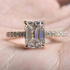 3.30ctw Emerald Cut Moissanite Hidden Halo Engagement Ring 14K White Gold Plated