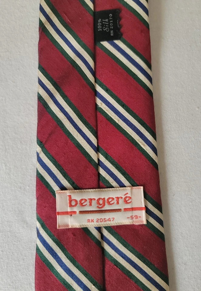 Corbata de cuello vintage a rayas Bergeré verde borgoña y azul 100 % seda Foto 4 de 4