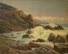 Ölbild Impressionist PK Monogramm Felsige Küste Meer Strand 52,7 x 66,5 cm