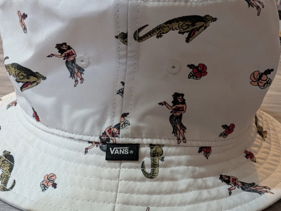 VANS Sombrero Cubo Hula - Niña Hawaiana Floral Tela Blanca Tropical Playa Verano Foto 3 de 4