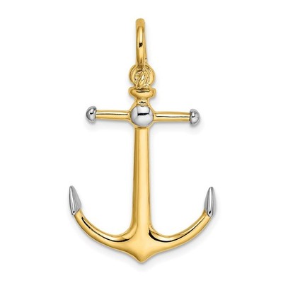 14k Gelbgold und Rhodium 3-D Anker mit langem T-Stab mit Schäkel Kaution Charm