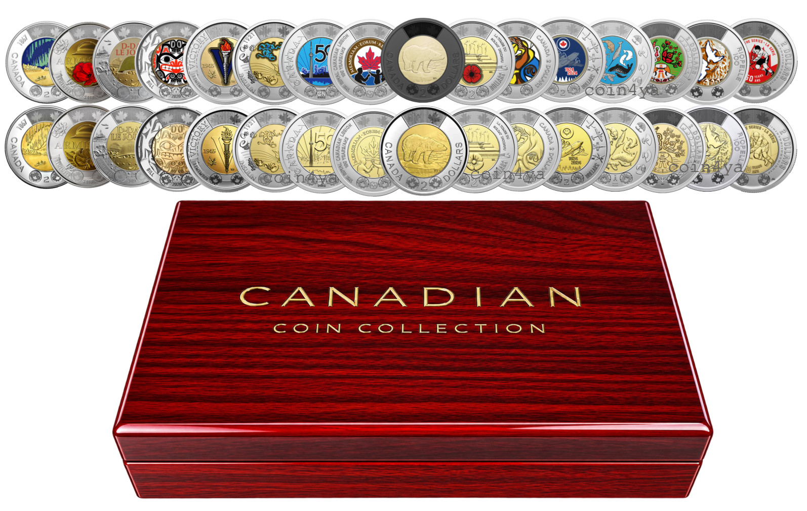 🇨🇦 Canada $2 Dollar 32-Coin Full Set, Collection Gift Wood Case Box 2017-2026