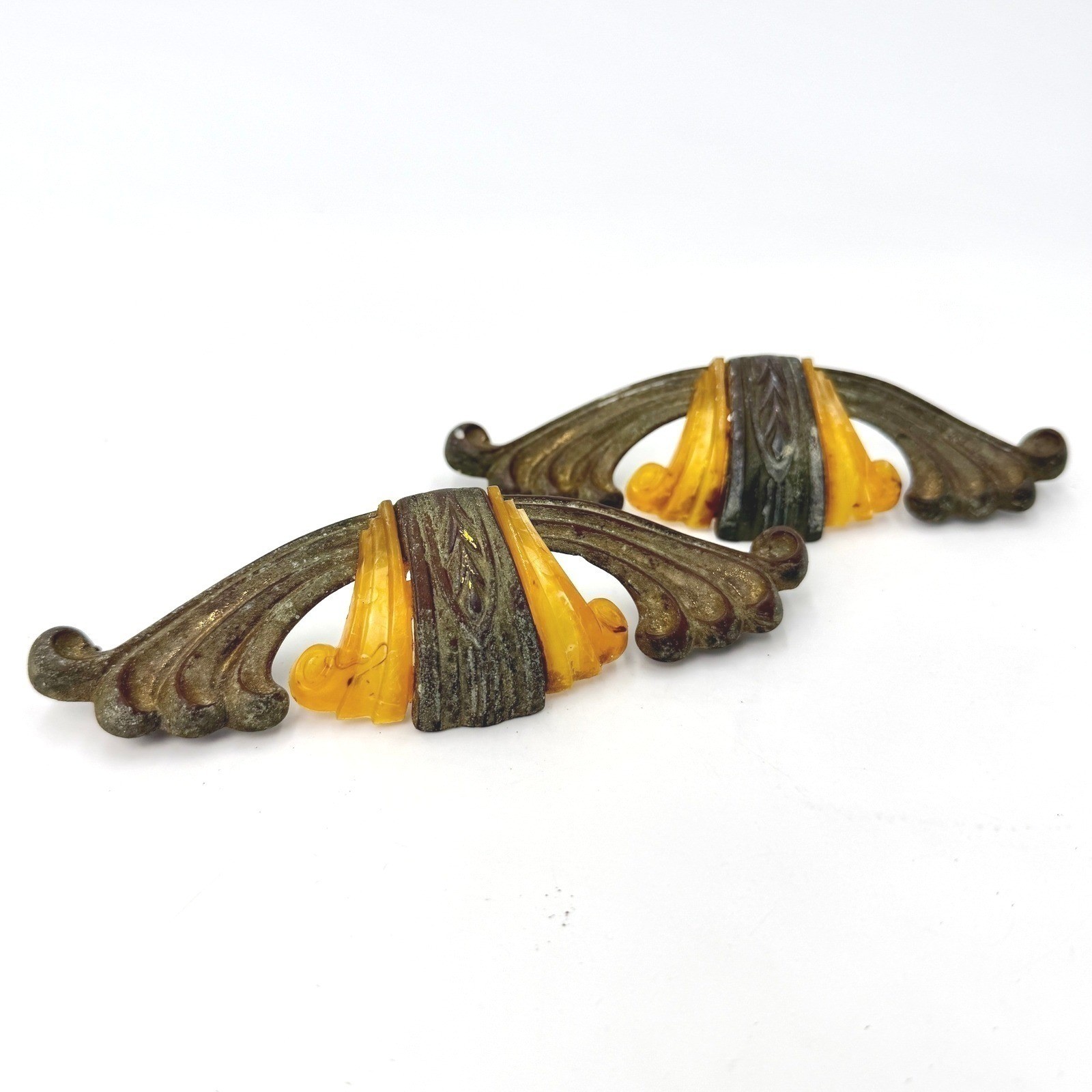 Vintage Art Deco Butterscotch Catalin Bakelite Metal Drawer Pulls Set of 2