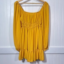 Forever 21 Dress Boho Yellow Babydoll Fairycore Festival Mini Smocked Ruffle S