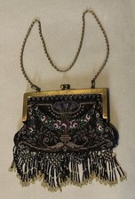 Antique Victorian Floral Decorated Micro Beaded Purse Evening Bag