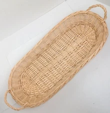 Vintage Long Oval Woven Wicker Handled Breadbasket Natural Boho 23 x 10 x 3"