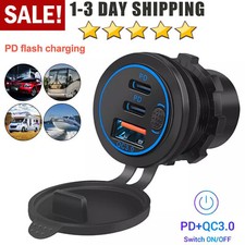 12-24V USB C 3 Port Fast Car Charger PD  QC3.0 Outlet Socket for Boat RV Marine