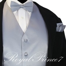 Men's Silver Gray Tuxedo Suit Dress Vest Waistcoat  Straight Cut Bowtie  Hanky