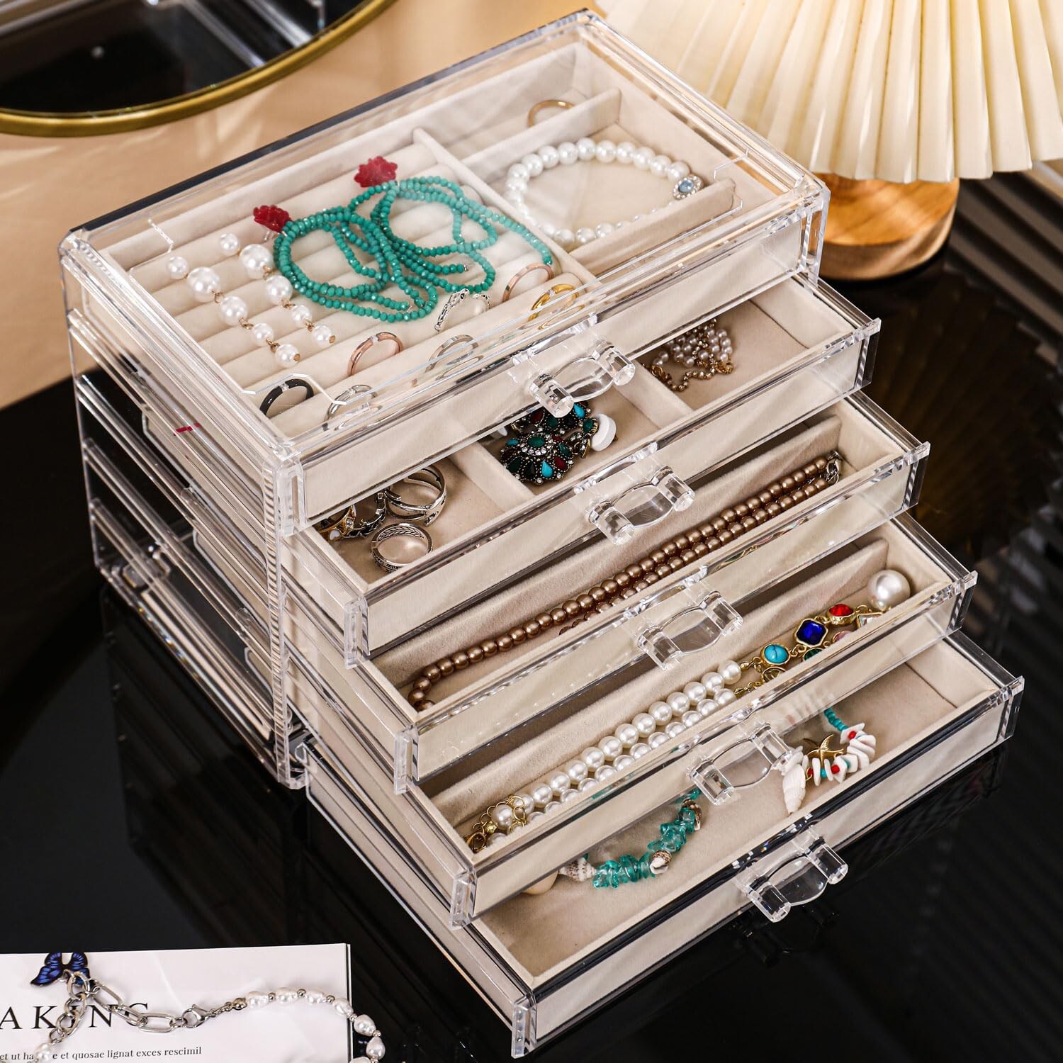 Necklace Organizer Box with 5 Dustproof Velvet Drawers for Jewelry Storage