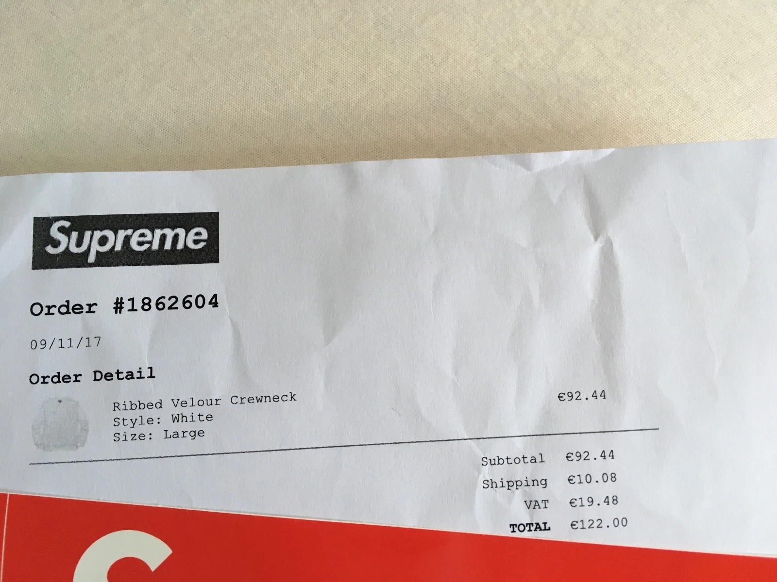 SUPREME girocollo in velluto a costine bianco grande FW2017 nuovo + mai indossato