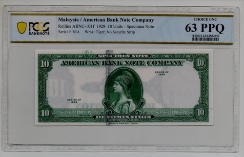 Malaysia/American Bank Note Company 10 Uits Specimen 1929 UNC