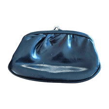 VINTAGE Black Leather COIN PURSE Kiss Lock LINED Expandable Wallet/Pouch