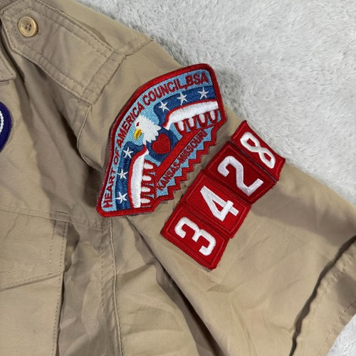 Boy Scouts of America Shirt Youth Large Beige Vented Leader Patches Button Up - Picture 5 of 7