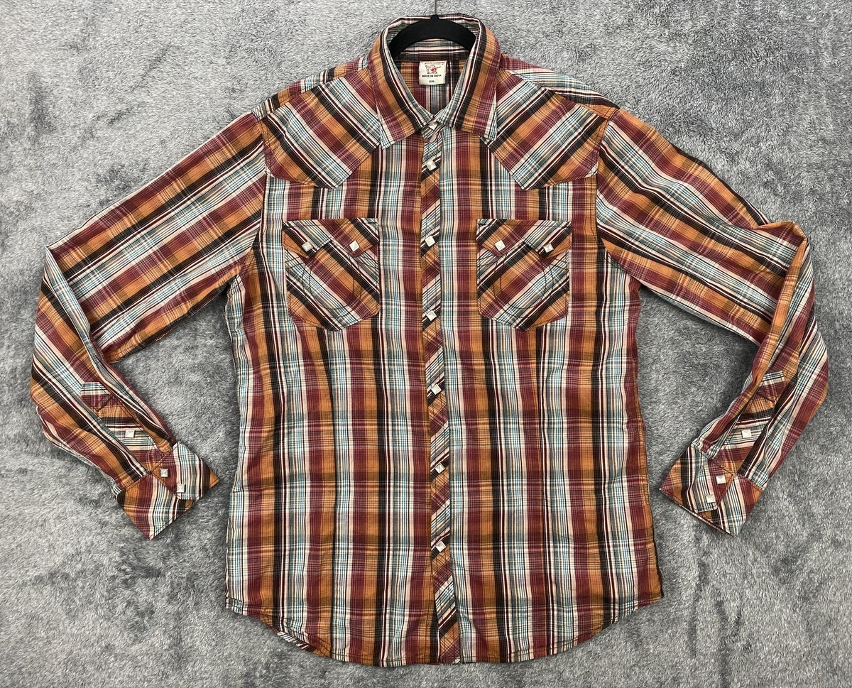 True Religion Shirt Mens 2XL XXL Red Brown Plaid Western Pearl Snap  ML4BN78IKMA