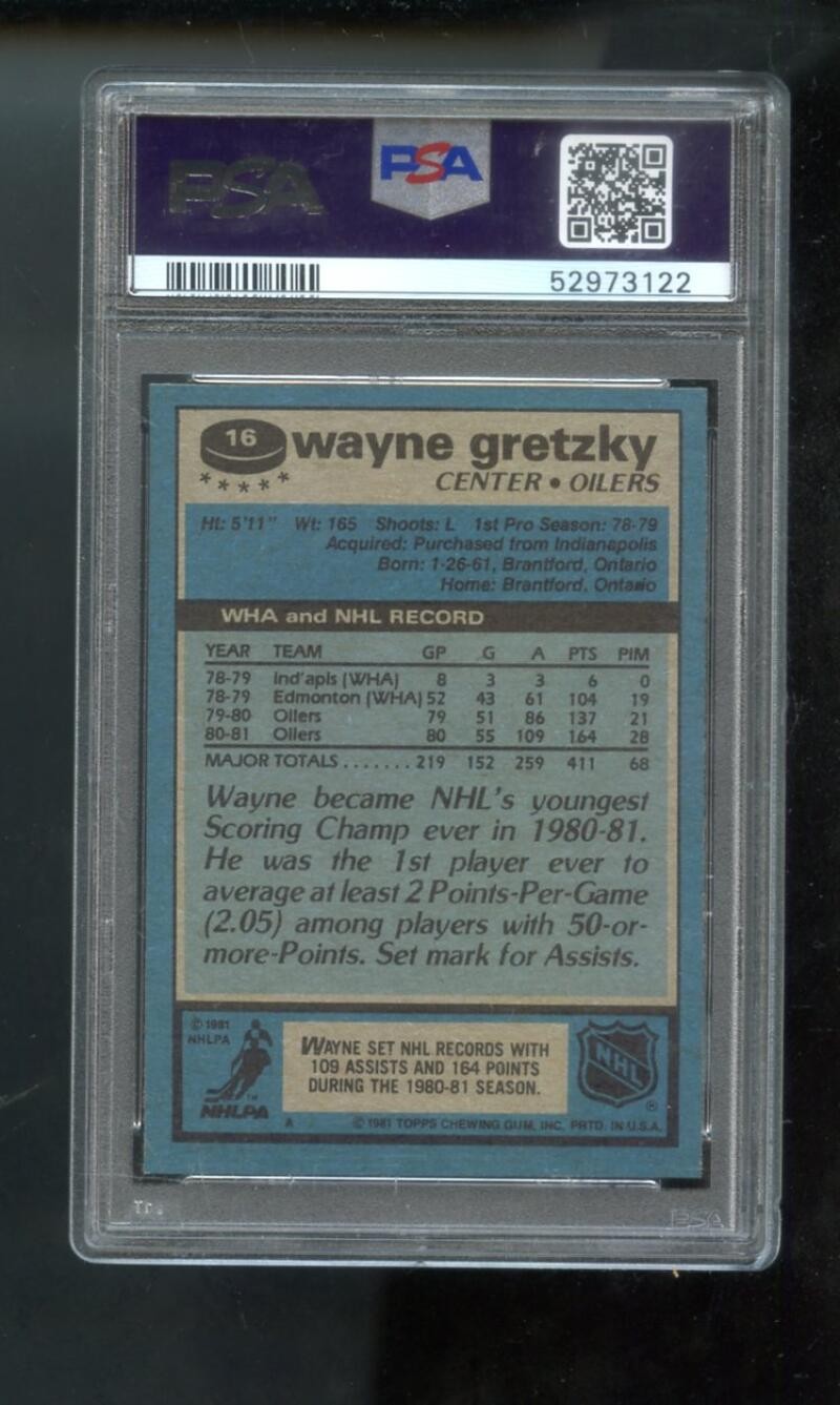 1981-82 Topps #16 Wayne Gretzky PSA 9 Graded Hockey Card NHL 1982 Edmonton Oiler view 2