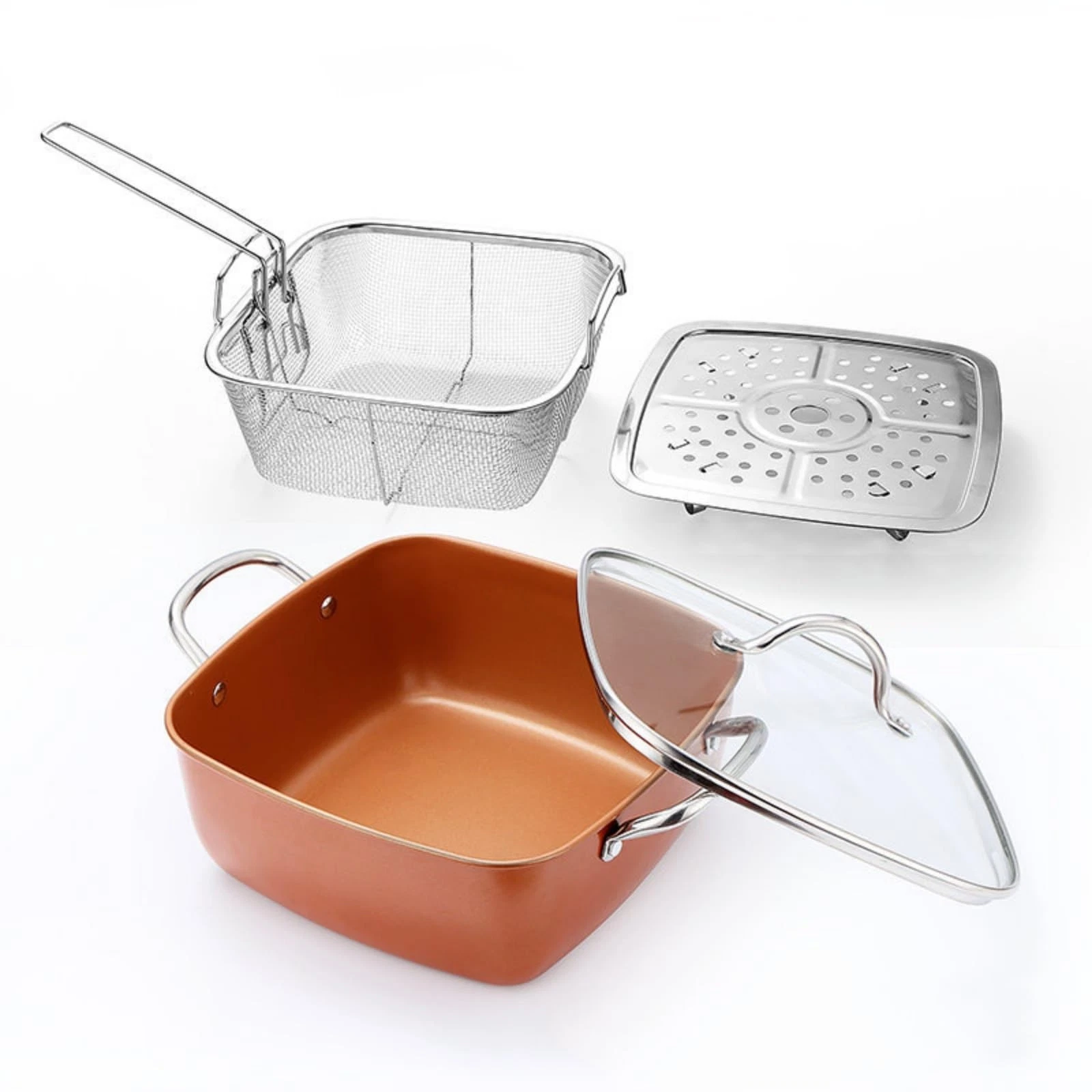9.5” Non Stick Deep Frying Pan with Fry Basket Steamer Rack and Glass Lid Mul...